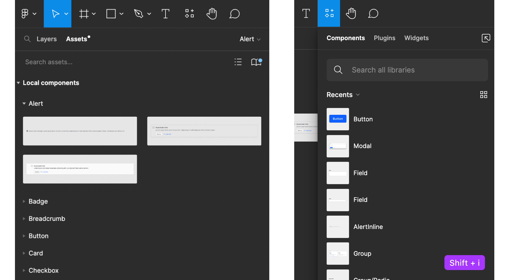 Inserting components from the assets panel